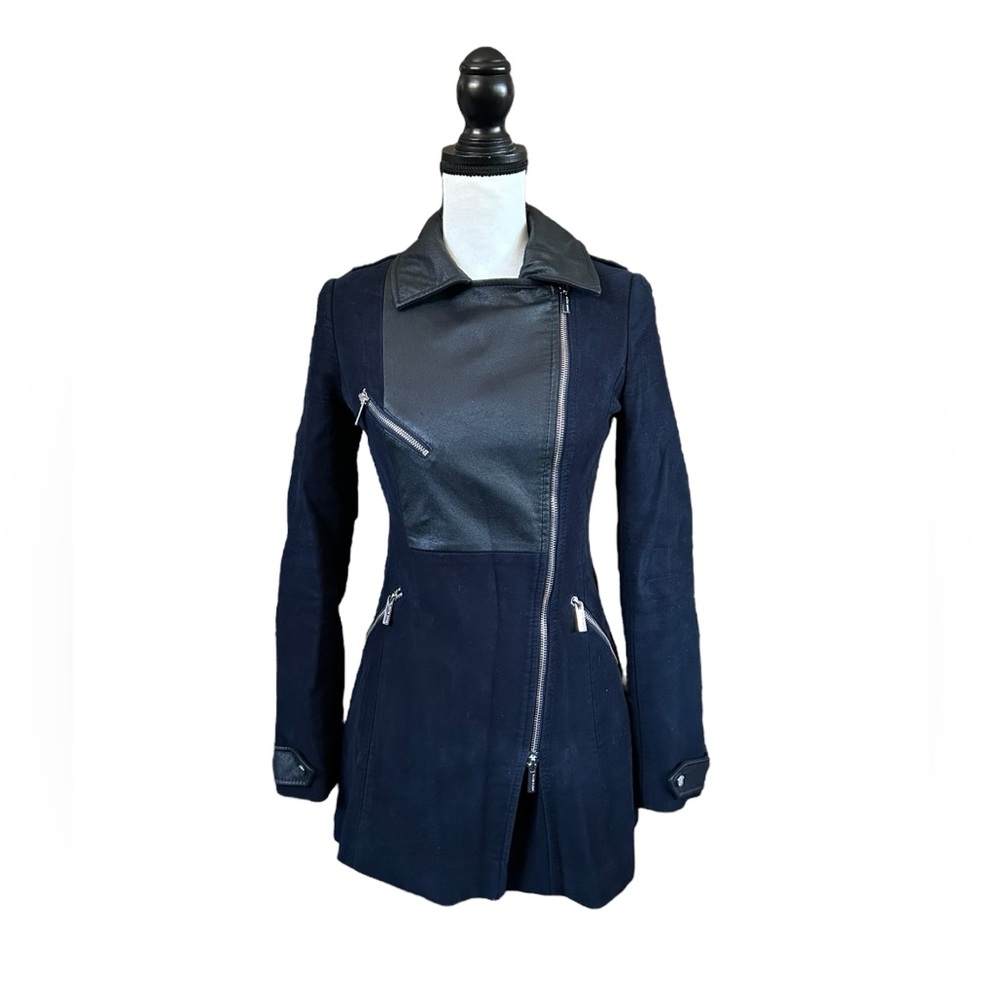 Karen Millen Asymmetric Zip Moto Style Peacoat Navy Vegan Leather Trim Size 2